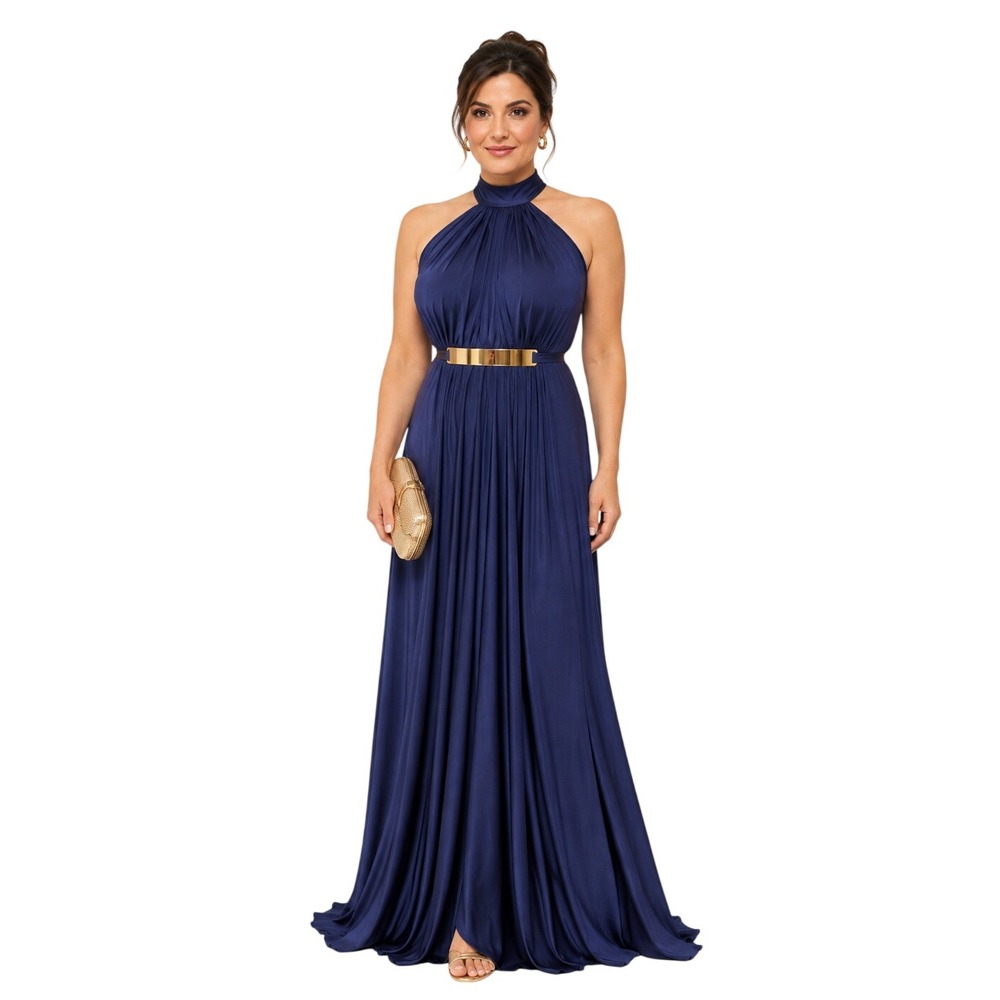 Nicole Bakti Navy Halter Maxi Dress Open Back Gold Belt Formal Gown
